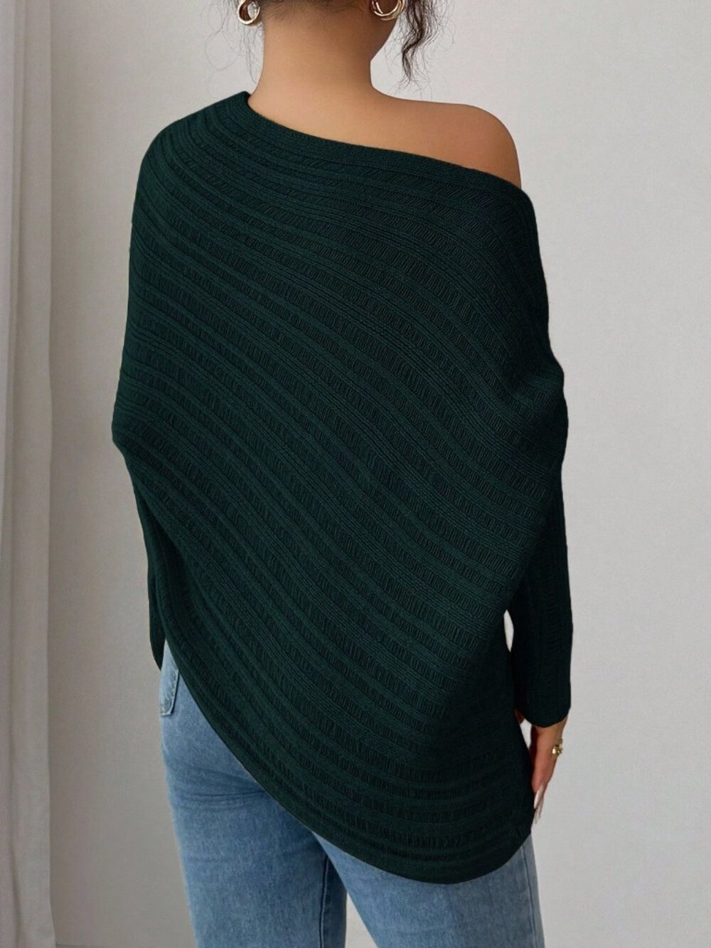 Dark Green Casual Women's Asymmetrical Rib-Knit Batwing Pullover - Picture 2 of 7